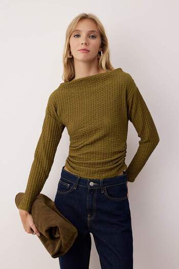Trendyol Collection Khaki Textured Asymmetric Boat Neck Gathered Stretchy Knitted Blouse Twoaw26Bz00192