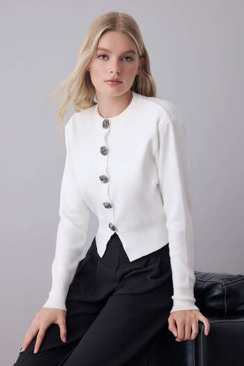 Trendyol Collection Ecru Premium Yarn/Special Yarn Crop Rose Button Jacket Look Knitwear Cardigan Twoaw25Hi00110