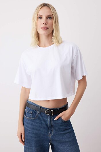 Trendyol Collection White-White 2-Pack 100% Cotton Relax/Relaxed Fit Crop Knitted T-Shirt Twoss24Ts00224