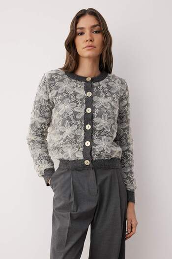 Trendyol Collection Anthracite Lace Garnished Soft Textured Knitwear Cardigan Twoaw26Hi00024