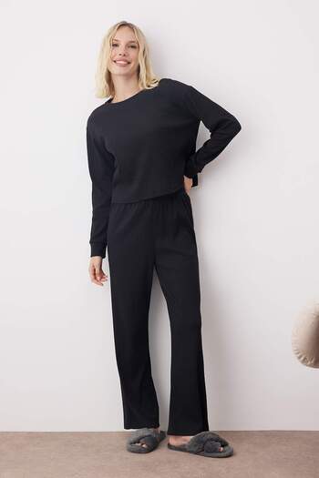 Trendyol Collection Antracitová pletená pyžamová souprava se šňůrou - THMAW21PT0009