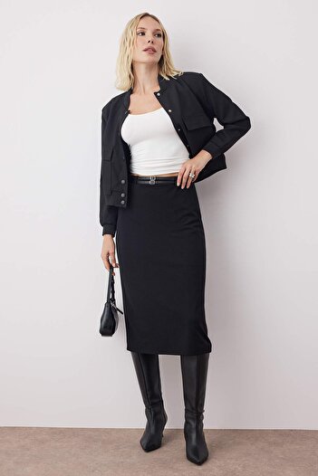 Trendyol Collection Black Pencil Double Belt Crepe Stretch Knitted Skirt Twoaw26Et00087