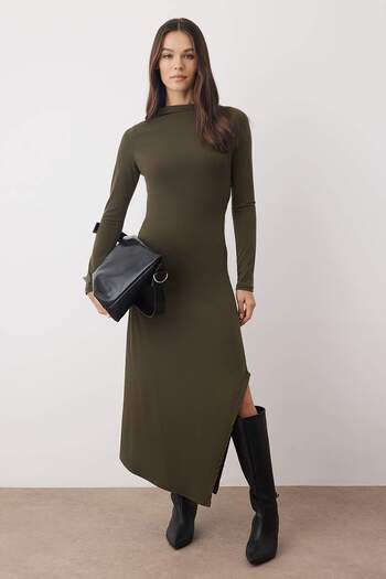 Trendyol Collection Khaki Stand Collar Lined Asymmetric A-Line/Bell Opening Stretchy Midi Knitted Dress Twoaw26El00229
