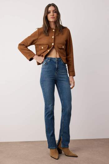 Trendyol Collection Σκούρο μπλε τζιν Super High Waist Slim Flare TWOSS22JE0643