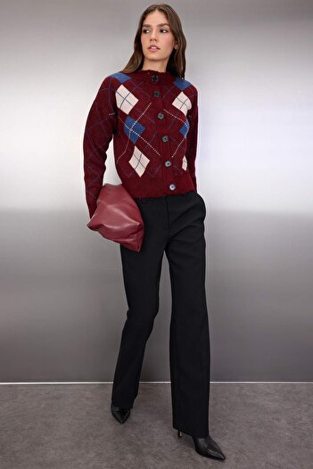 Trendyol Collection Plum Soft Textured Argyle/ Plaid Pattern Knitwear Cardigan Twoaw26Hi00253