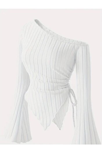 meren like your style Women's White Asymmetrical One-Shoulder Knitwear Blouse – Spanish Sleeve, Drawstring Detail