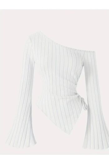 meren like your style Women's White Asymmetrical One-Shoulder Knitwear Blouse – Spanish Sleeve, Drawstring Detail