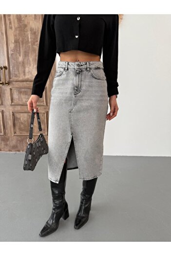 XBELLA DENİM Women's Midi Length Denim Skirt with Front Slit Detail