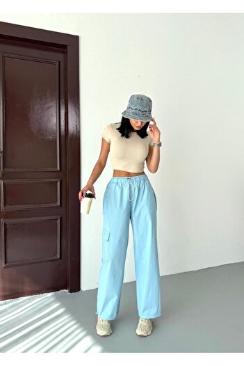 XBELLA DENİM Women's Parachute Fabric Cargo Pocket Waist and Leg Elastic Summer Pants