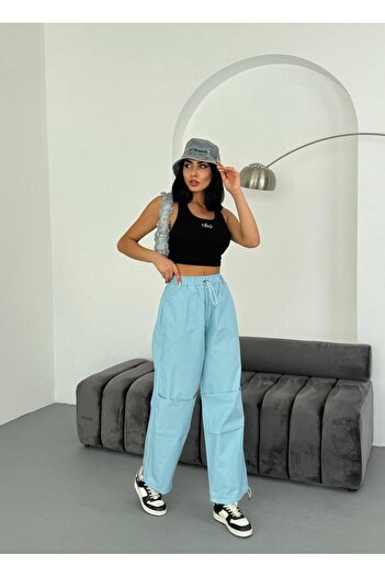 XBELLA DENİM Women's Parachute Fabric Knee Pleated Waist and Leg Elastic Summer Pants