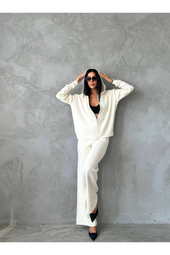 Bliss Women's White Winter Top and Bottom Set Zippered Tracksuit Set