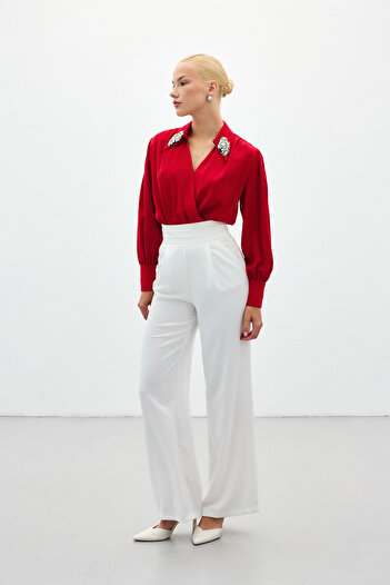 Sateen Bodysuit Blouse with Accessory Detail - Red