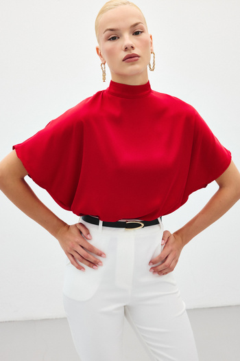Sateen Bat Sleeve Loose Blouse - Red