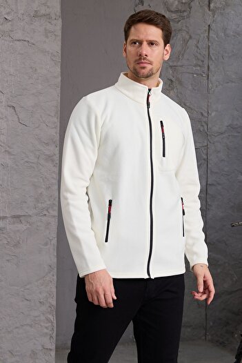 COMBİNE MİCHAİL Thick Zippered Cotton Men's Fleece Jacket - Ecru
