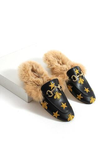 diclepolat Women's Black Embroidery Detailed Fur Flat Sole Slippers with Bee and Star Pattern