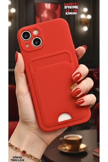 cepmoda iPhonE "13 & 14" uyumlu | Kartlıklı Slim Telefon Kılıfı - Yumuşak iNce Silikon Kapak | KIRMIZI
