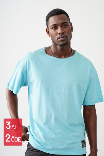Balenbi Turquoise Colored Unisex Oversize T-Shirt - Dirty Collar, Embroidered Skirt