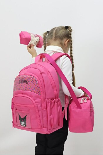 GENÇ 3-Piece School Set Girl's Bag Kuromi Patterned Orthopedic Lunch Pen Holder Gift Waterproof