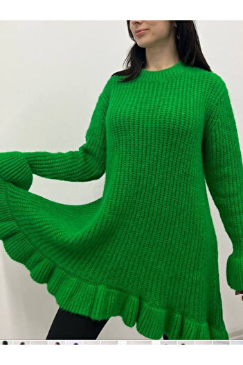 RACE FASHİON Crew Neck Long Knit Dress with Ruffled Sleeves and Hem Rc8000