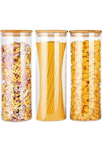 Karçiçeği Home 2550 ml Spaghetti Pasta and Legumes Jar with 3 Bamboo Lids Set of 2