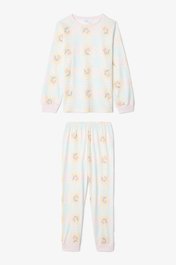 Penti Set de pijamale din 2 piese cu mâneci lungi cu model de flori crocante pentru fete optice albe