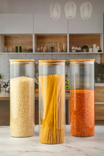 Karçiçeği Home 2550 ml Spaghetti Pasta and Legumes Jar with 3 Bamboo Lids Set of 2