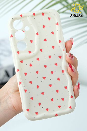 Fibaks Galaxy S25 Case with Camera Protection Wave Edge Red Heart Pattern Silicone Cover