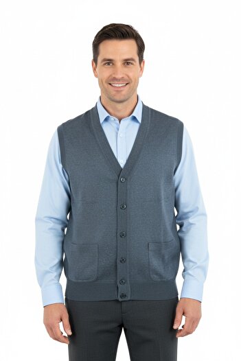 Oppland Men's V-Neck Buttoned Pocket Classic Model Comfortable Cut Full Pattern Woolen Woven Vest