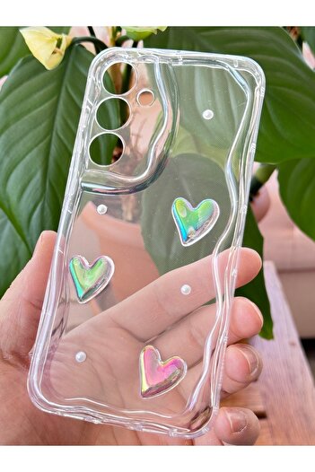 Fibaks Samsung Galaxy S24 Fe Case 3D Heart Pearl Design Patterned Camera Protection Transparent Silicone Cover