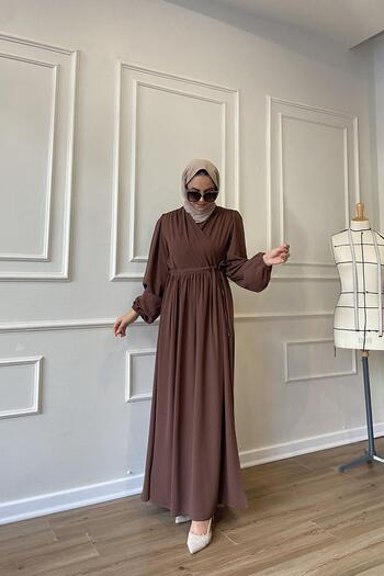 Berel Moda Φόρεμα Crepe Hürrem με λεπτομέρεια δεμένη εσωτερικά και εξωτερικά, χωρίς τσακισμένο, Ferace Mustard