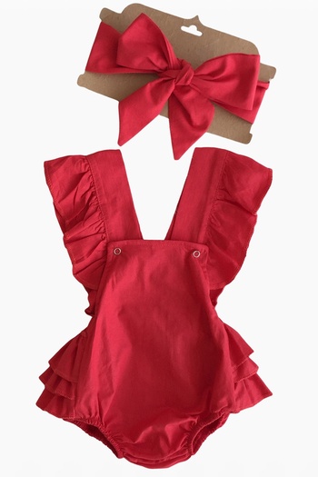 Parla Kids Red Cotton Baby Girl Salopet and Bandana Christmas Set