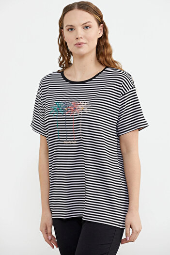 Sementa Crew Neck Embroidery Detailed Striped Combed Cotton Suit - Black