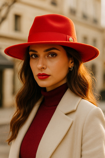 Luminos Butik Panama Red Fedora Hat - Metalic Accessory, Wide Brim Spk1145