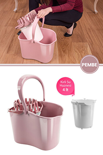 Flora Kirli Su Hazneli Temizlik Kovası, Standart Yer Zemin Mop Kovası ve Su Haznesi F059 Pembe