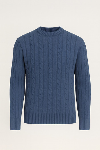 Valiberta Hair Braided Crew Neck Men's Knitwear Sweater - Indigo