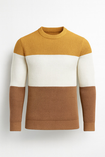 Valiberta Beige Crew Neck Men's Sweater - Piece Patterned