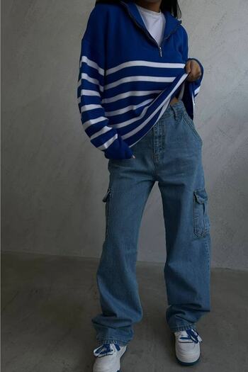 lovebox Women's Striped Zippered Knitwear Saks-white Sweater 6695