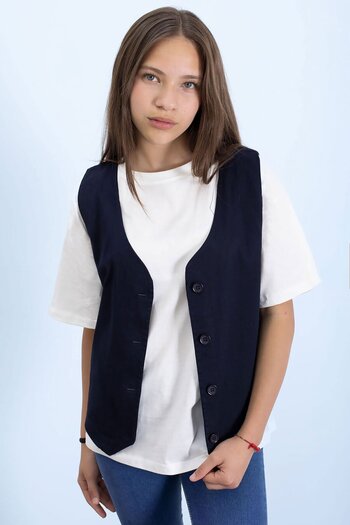 Cansın Mini Navy Blue Linen Buttoned Vest and Oversize T-Shirt Girl's 2-Piece Set 21007