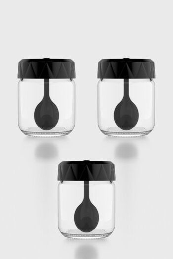 Renga Lexa 210 ml Set of 3 Glass Spice Jars with Spoon 161019 Black