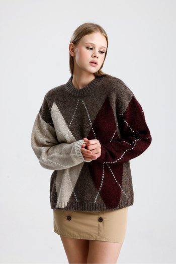 Figo Diamond Patterned Crew Neck Women's Knitwear Sweater