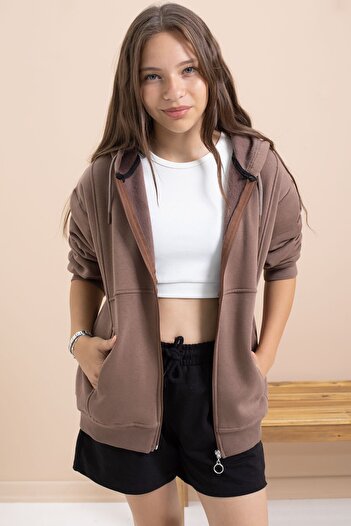 Cansın Mini Brown Girl's Hooded Cardigan with Ribbed Trim 21521