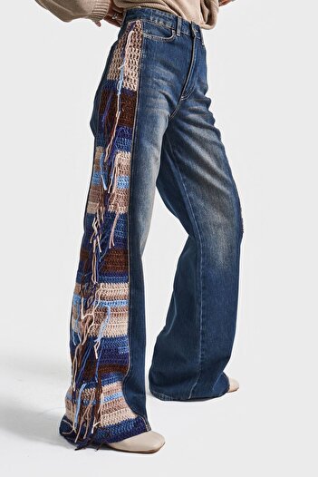 its basic Women's Denim Color 2W5-8 Flare Palazzo Fit Ethnic Knitted Detailed Viscose Fabric Special Design Denim Jean