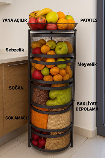 VENON 93 Cm Defne Organizer 5 Katlı Siyah (SEPETLER YANA AÇILIR) Patates Soğan Meyve Sebze Sepeti Buse