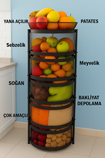 VENON Organizer 5 Katlı Siyah (SEBZELİK,MEYVELİK ÇOK AMAÇLI,DÜZENLEYİCİ,SEPET) Patates Soğan Kovası Buse