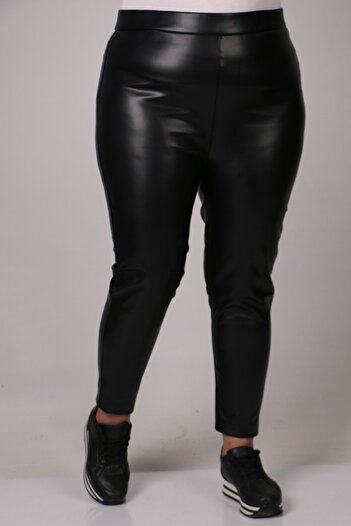 Eslina F-29508 Large Size Elastic Waist Leather Leggings-Black