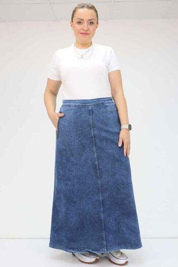 Eslina F-45011-1 Plus Size Zippered Denim Skirt - Blue
