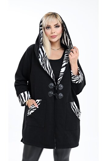 Kheos Zebra Pattern Detailed Hooded Pocket Flowing Flexible Style Cardigan