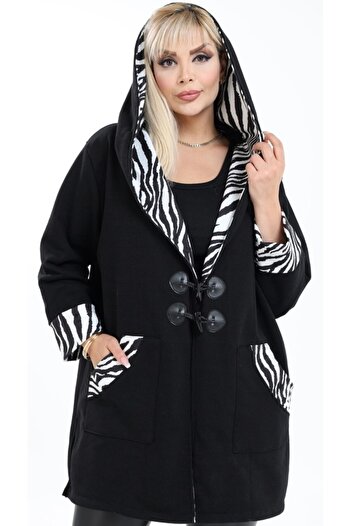 Kheos Comfortable and Flowy Cardigan with Hooded Pockets and Zebra Pattern Detail