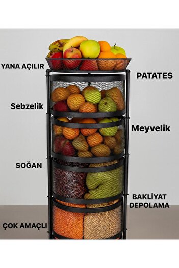 VENON Organizer 4 Katlı Siyah (SEBZELİK,MEYVELİK METAL,SEPET,DÜZENLEYİCİ) Patates Soğan Kovası Buse