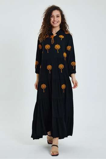 bacc V-Neck Embroidered Black Long Women's Dress - Tied Woven Bcvl-24925